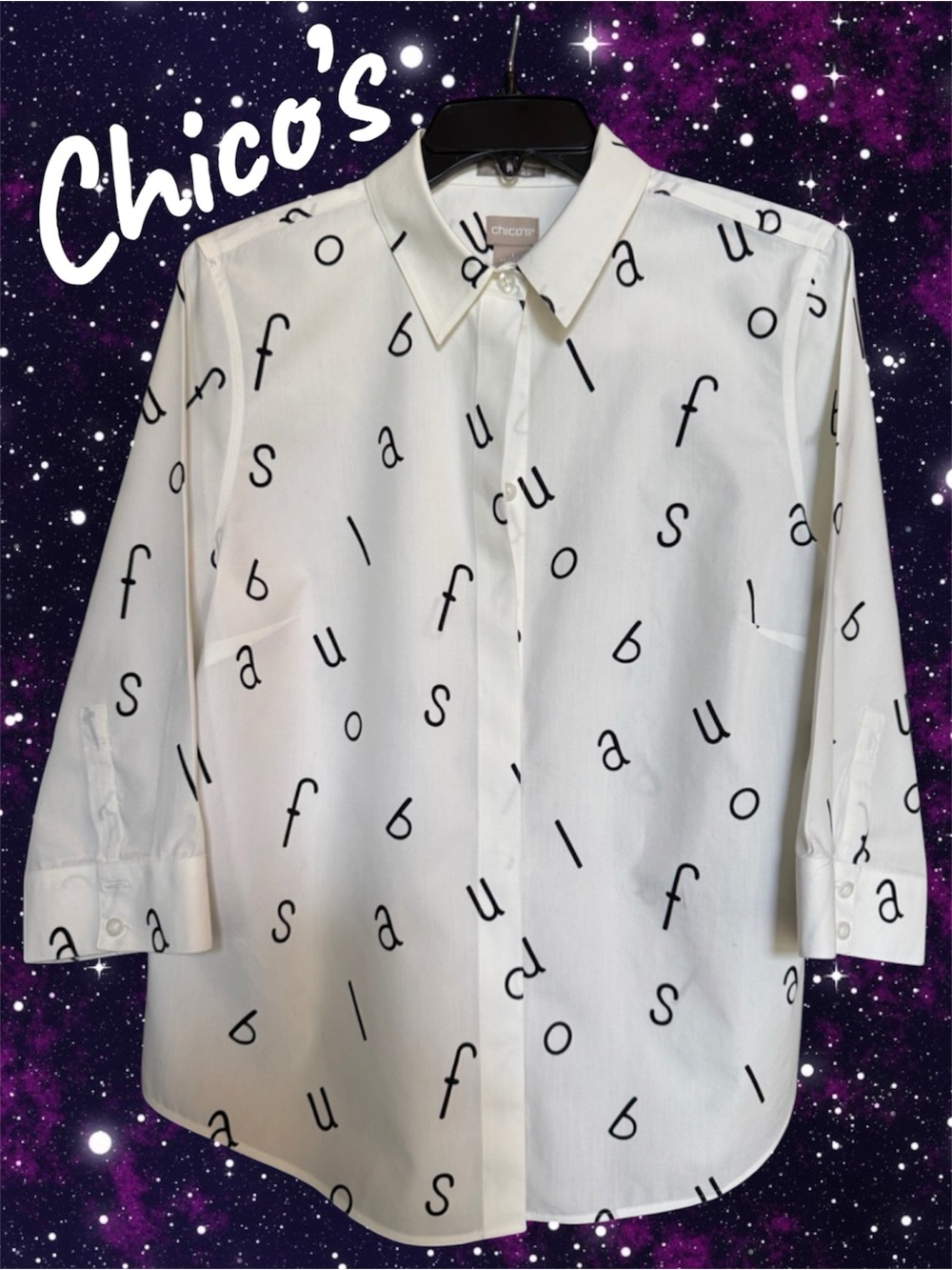 🖤Chico's Women’s- Sz S- White W/ black lettering - Button-Down Shirt ~ Sz Sm